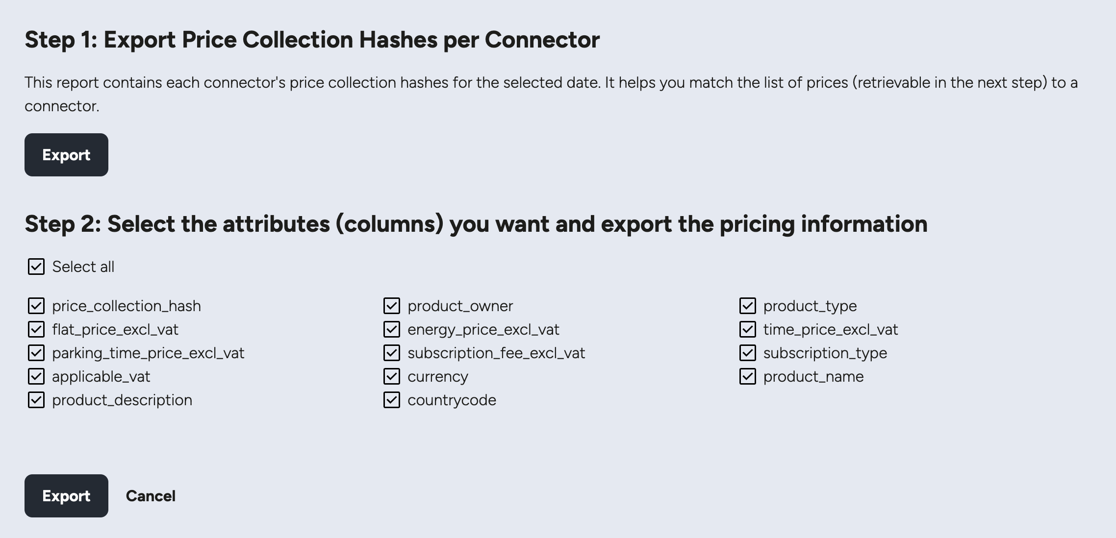 The Full Pricing Download dashboard's export modal