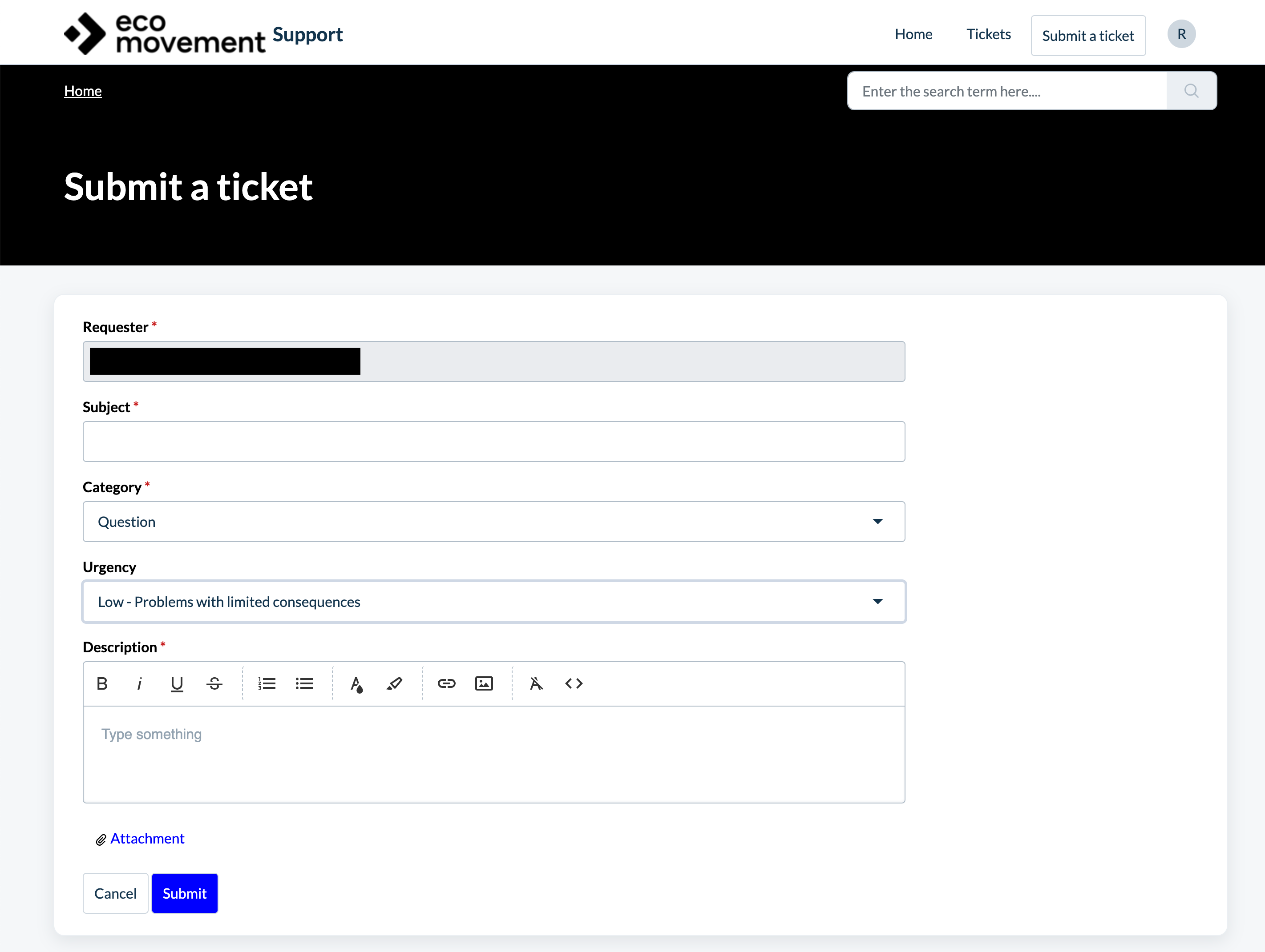 Submit a ticket page in the support portal