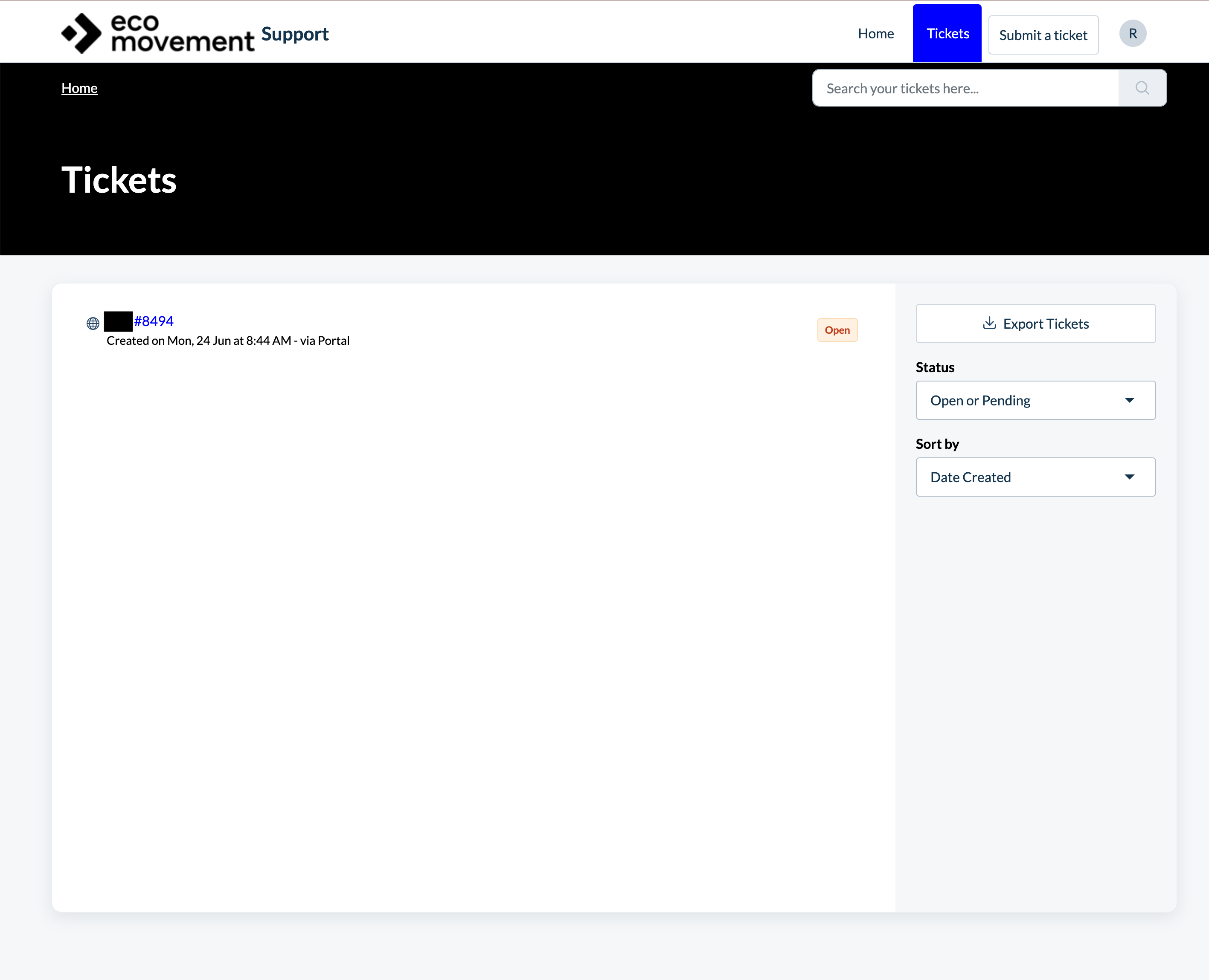 Tickets page in the support portal